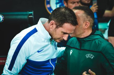 Istanbul, Turkey - August 14, 2019: Coach Frank Lampard with referee during the UEFA Super Cup Finals match between Liverpool and Chelsea at Vodafone Park in Vodafone Arena, Turkey