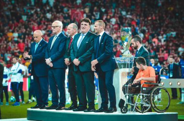 Istanbul, Turkey - August 14, 2019: Alexander Cheferin and Uefa leadership present medals at the award ceremony during the UEFA Super Cup Finals match between Liverpool and Chelsea, Turkey