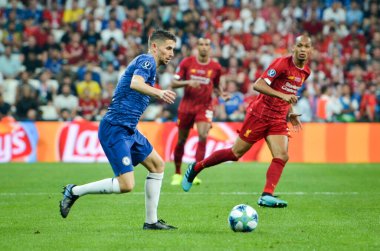 İstanbul, Türkiye - 14 Ağustos 2019: Türkiye 'nin Vodafone Arena kentindeki Vodafone Park' ta Liverpool ile Chelsea arasında oynanan Uefa Süper Kupası Finalleri sırasında futbolcu