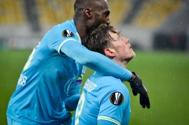 Lviv, Ukrayna - 28 Kasım 2019: Wout Weghorst, Uefa Avrupa Ligi 'nde İskenderiye - Wolfsburg (Almanya) - Ukrayna maçı sırasında atılan golü kutladı