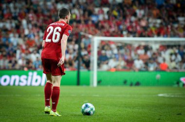 Istanbul, Turkey - August 14, 2019: Andrew Robertson player during the UEFA Super Cup Finals match between Liverpool and Chelsea at Vodafone Park in Vodafone Arena, Turkey