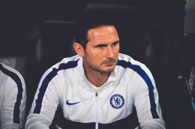 Istanbul, Turkey - August 14, 2019: Coach Frank Lampard with referee during the UEFA Super Cup Finals match between Liverpool and Chelsea at Vodafone Park in Vodafone Arena, Turkey