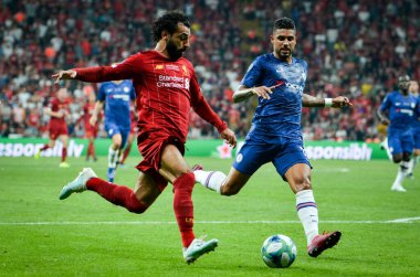 Istanbul, Turkey - August 14, 2019: Mohamed Salah and Emerson during the UEFA Super Cup Finals match between Liverpool and Chelsea at Vodafone Park in Vodafone Arena, Turkey