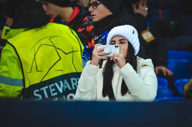 KHARKIV, UKRAINE - December 11, 2019: Football support their team  during the UEFA Champions League match between Shakhtar vs Atalanta Bergamasca Calcio BC (Italy), Ukraine