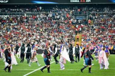 Istanbul, Turkey - August 14, 2019:  Officially opened with a colorful ceremony  UEFA Super Cup Finals match between Liverpool and Chelsea at Vodafone Park in Vodafone Arena, Turkey