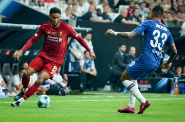 Istanbul, Turkey - August 14, 2019: Emerson and Joe Gomez during the UEFA Super Cup Finals match between Liverpool and Chelsea at Vodafone Park in Vodafone Arena, Turkey