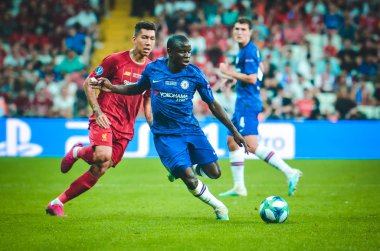Istanbul, Turkey - August 14, 2019: N'Golo Kante and Roberto Firmino during the UEFA Super Cup Finals match between Liverpool and Chelsea at Vodafone Park in Vodafone Arena, Turkey