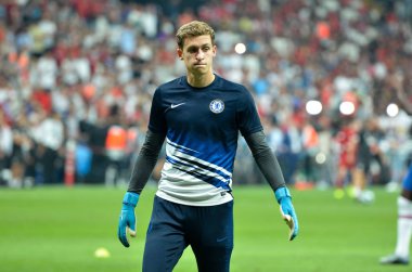 İstanbul, Türkiye - 14 Ağustos 2019: Türkiye 'nin Vodafon Arena stadyumunda Liverpool ile Chelsea arasında oynanan Uefa Süper Kupası Finalleri sırasında Kepa oyuncusu