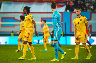 SAINT-PETERSBURG, RUSSIA - November 16, 2019: Dedryck Boyata in t-shirt Michy Batshuayi during UEFA EURO 2020 qualifying match between national team Russia against Belgium, Russia