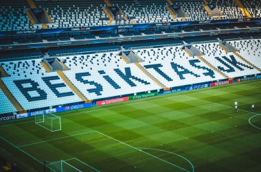 İstanbul, Türkiye - 14 Ağustos 2019: Türkiye 'nin Vodafone Arena kentinde oynanan Uefa Süper Kupası Finalleri öncesinde Vodafone Arenawith stadyumunun genel görünümü