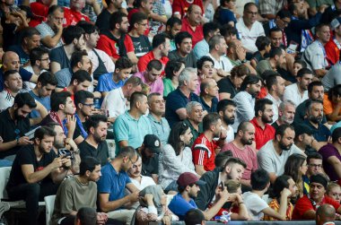 Istanbul, Turkey - August 14, 2019: Football fans and spectators during the UEFA Super Cup Finals match between Liverpool and Chelsea at Vodafone Park in Vodafone Arena, Turkey