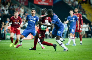 Istanbul, Turkey - August 14, 2019: Sadio Mane and Kurt Zouma during the UEFA Super Cup Finals match between Liverpool and Chelsea at Vodafone Park in Vodafone Arena, Turkey