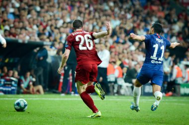 Istanbul, Turkey - August 14, 2019:  Andrew Robertson and Pedro during the UEFA Super Cup Finals match between Liverpool and Chelsea at Vodafone Park in Vodafone Arena, Turkey