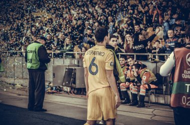 Kyiv, Ukrayna - 14 Ekim 2019: Taras Stepanenko Portekiz 'e karşı zaferini kutladı ve Uefa Euro 2020 ön eleme karşılaşması sırasında Euro 2020' de birinci oldu, Ukrayna