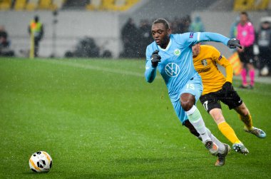 Lviv, Ukrayna - 28 Kasım 2019: Uefa Avrupa Ligi karşılaşmasında Jerome Roussillon oyuncusu Alexandria (Ukrayna) - Wolfsburg (Almanya), Ukrayna