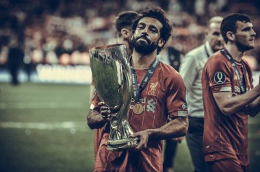 Istanbul, Turkey - August 14, 2019: Mohamed Salah celebrate with UEFA Super Cup 2019 at Vodafone Park in Vodafone Arena, Turkey