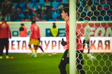 SAINT-PETERSBURG, RUSSIA - November 16, 2019: Thibaut Courtois and Belgium national football team training session during UEFA EURO 2020 qualifying match between Russia against Belgium, Russia