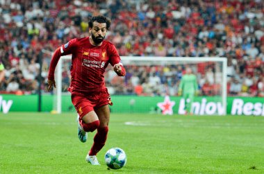 Istanbul, Turkey - August 14, 2019: Mohamed Salah player during the UEFA Super Cup Finals match between Liverpool and Chelsea at Vodafone Park in Vodafone Arena, Turkey