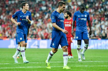 İstanbul, Türkiye - 14 Ağustos 2019: Türkiye 'nin Vodafone Arena kentindeki Vodafone Park' ta Liverpool ile Chelsea arasında oynanan Uefa Süper Kupası Finalleri sırasında Cesar Azpilicueta