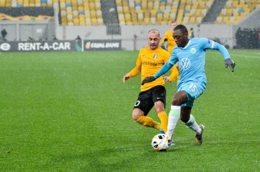 Lviv, Ukrayna - 28 Kasım 2019: Uefa Avrupa Ligi karşılaşmasında Jerome Roussillon oyuncusu Alexandria (Ukrayna) - Wolfsburg (Almanya), Ukrayna