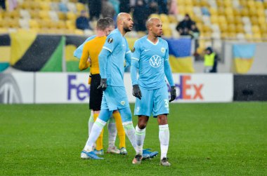 Lviv, Ukrayna - 28 Kasım 2019: Alexandria (Ukrayna) ile Wolfsburg (Almanya), Ukrayna arasındaki Uefa Avrupa Ligi maçı sırasında Marcel Tisserand oyuncusu