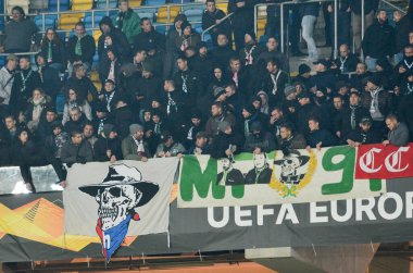 LVIV, UKRAINE - November 07, 2019: AS Saint Etienne football fans support their team during the UEFA Europa League match between Alexandria vs AS Saint Etienne (France), Ukraine