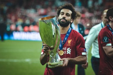 Istanbul, Turkey - August 14, 2019: Mohamed Salah celebrate with UEFA Super Cup 2019 at Vodafone Park in Vodafone Arena, Turkey
