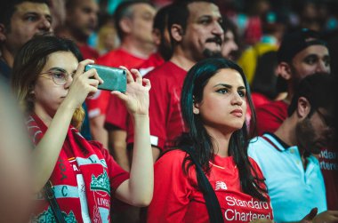 Istanbul, Turkey - August 14, 2019: Liverpool Football fans and spectators during the UEFA Super Cup Finals match between Liverpool and Chelsea at Vodafone Park in Vodafon Arena, Turkey