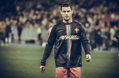 Kyiv, Ukrayna - 14 Ekim 2019: Uefa Euro 2020 ön eleme karşılaşmasında Ukrayna milli takımı Ukrayna ile Ukrayna milli takımı arasında oynanan karşılaşma sırasında Cristiano Ronaldo