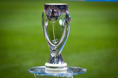 Istanbul, Turkey - August 14, 2019: Official 2019 UEFA Super Cup in Istanbul is on the pedestal during the UEFA Super Cup Finals match between Liverpool and Chelsea at Vodafone Park, Turkey