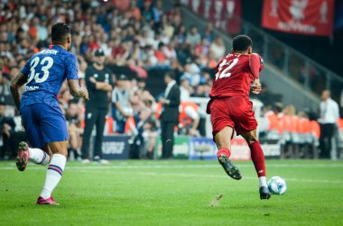 Istanbul, Turkey - August 14, 2019: Emerson and Joe Gomez during the UEFA Super Cup Finals match between Liverpool and Chelsea at Vodafone Park in Vodafone Arena, Turkey