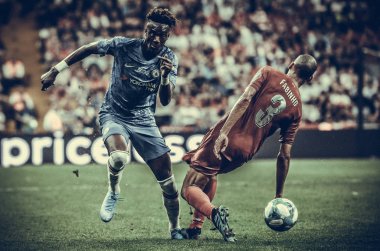 Istanbul, Turkey - August 14, 2019: Tammy Abraham and Fabinho during the UEFA Super Cup Finals match between Liverpool and Chelsea at Vodafone Park in Vodafone Arena, Turkey