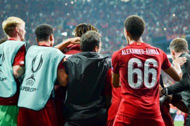 Istanbul, Turkey - August 14, 2019: Liverpool  players celebrates victory in UEFA Super Cup during the UEFA Super Cup Finals match between Liverpool and Chelsea at Vodafone Park, Turkey