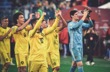 SAINT-PETERSBURG, RUSSIA - November 16, 2019: Belgian national football team thanks fans for their support after UEFA EURO 2020 qualifying match between Russia against Belgium, Russia