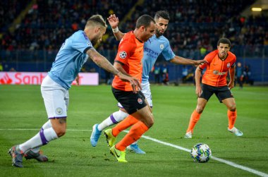 KHARKIV, UKRAINE - September 18, 2019: Nicolas Otamendi and Ismaily during the UEFA Champions League match between Shakhtar Donetsk vs Manchester City (England), Ukraine
