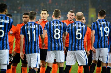 KHARKIV, UKRAINE - December 11, 2019: Line up Atalanta BC  player during the UEFA Champions League match between Shakhtar vs Atalanta Bergamasca Calcio BC (Italy), Ukraine