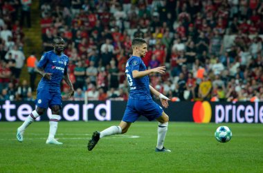 Istanbul, Turkey - August 14, 2019: Jorginho player during the UEFA Super Cup Finals match between Liverpool and Chelsea at Vodafone Park in Vodafone Arena, Turkey