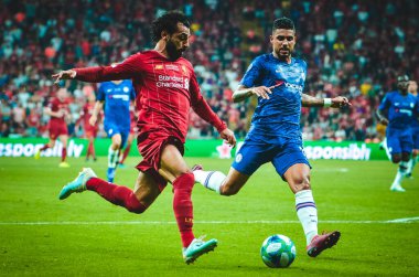 Istanbul, Turkey - August 14, 2019: Mohamed Salah and Emerson during the UEFA Super Cup Finals match between Liverpool and Chelsea at Vodafone Park in Vodafone Arena, Turkey