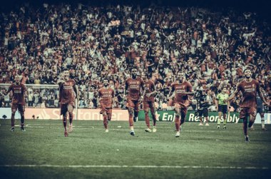 Istanbul, Turkey - August 14, 2019: Liverpool  players celebrates victory in UEFA Super Cup during the UEFA Super Cup Finals match between Liverpool and Chelsea at Vodafone Park, Turkey