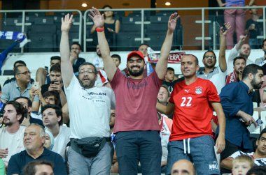 Istanbul, Turkey - August 14, 2019: Liverpool Football fans and spectators during the UEFA Super Cup Finals match between Liverpool and Chelsea at Vodafone Park in Vodafon Arena, Turkey