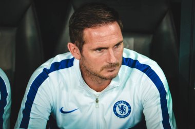 Istanbul, Turkey - August 14, 2019: Coach Frank Lampard with referee during the UEFA Super Cup Finals match between Liverpool and Chelsea at Vodafone Park in Vodafone Arena, Turkey
