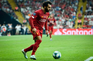 Istanbul, Turkey - August 14, 2019: Mohamed Salah player during the UEFA Super Cup Finals match between Liverpool and Chelsea at Vodafone Park in Vodafone Arena, Turkey
