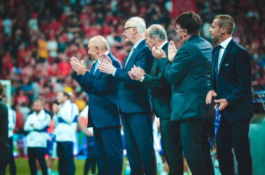 Istanbul, Turkey - August 14, 2019: Alexander Cheferin and Uefa leadership present medals at the award ceremony during the UEFA Super Cup Finals match between Liverpool and Chelsea, Turkey