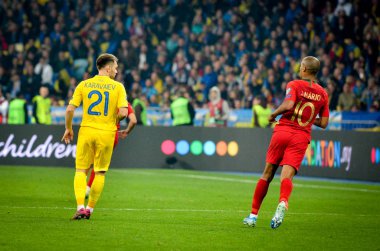 Kyiv, Ukrayna - 14 Ekim 2019: Uefa Euro 2020 ön eleme maçında Joao Mario, Portekiz milli takımı Ukrayna 'ya karşı oynamıştır.