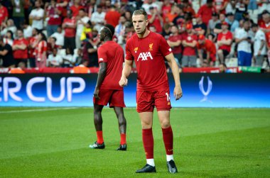 Istanbul, Turkey - August 14, 2019: Jordan Henderson during the UEFA Super Cup Finals match between Liverpool and Chelsea in Vodafon Arena stadium, Turkey