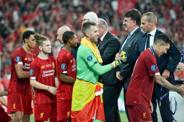Istanbul, Turkey - August 14, 2019: Liverpool football players get gold medals during the UEFA Super Cup Finals match between Liverpool and Chelsea at Vodafone Park, Turkey