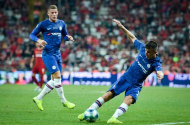 İstanbul, Türkiye - 14 Ağustos 2019: Türkiye 'nin Vodafone Arena kentindeki Vodafone Park' ta Liverpool ile Chelsea arasında oynanan Uefa Süper Kupası Finalleri sırasında futbolcu