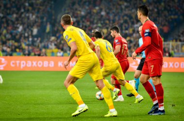 Kyiv, Ukrayna - 14 Ekim 2019: Uefa Euro 2020 ön eleme karşılaşmasında Ukrayna milli takımı Ukrayna ile Ukrayna milli takımı arasında oynanan karşılaşma sırasında Cristiano Ronaldo