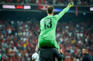 Istanbul, Turkey - August 14, 2019: Adrian celebrate victory during the UEFA Super Cup Finals match between Liverpool and Chelsea at Vodafone Park in Vodafone Arena, Turkey