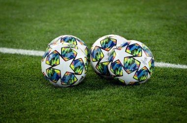 KHARKIV, UKRAINE - December 11, 2019: Champions League official football game close-up during the UEFA Champions League match between Shakhtar vs Atalanta BC (Italy), Ukraine